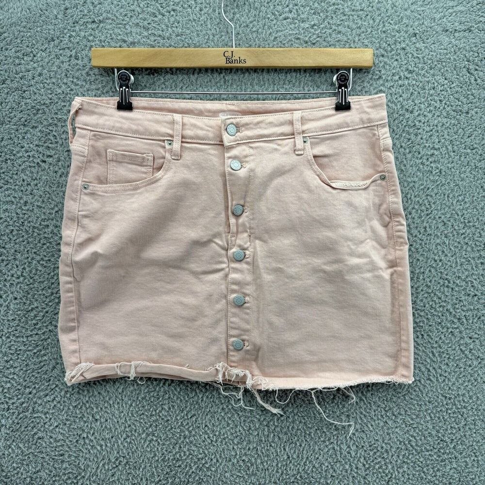 OLD NAVY Women's Light Pink Button Front Distressed Denim Skirt Pockets Sz 14‎